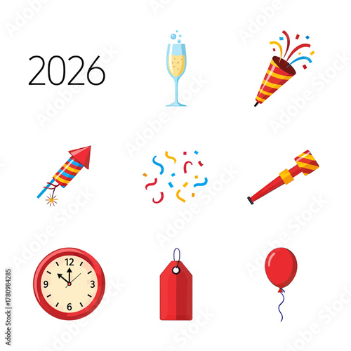 Cheerful anticipation: Vibrant celebration icons ushering in the promising year of 2026