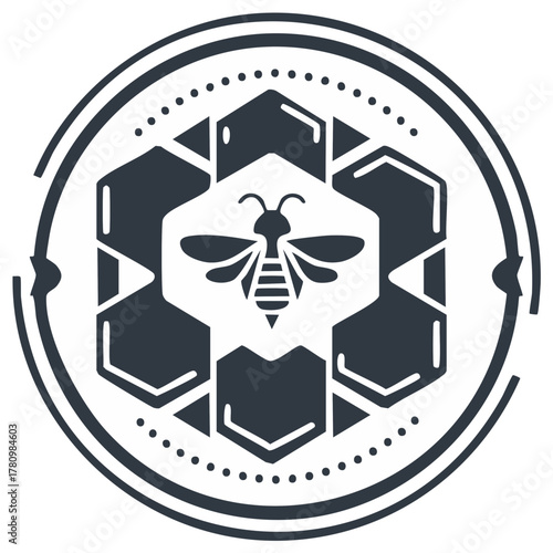 Bee logo inside a circular honeycomb frame, vector illustration