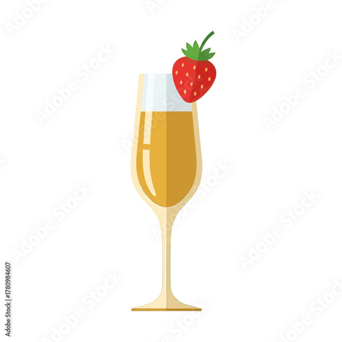 Elegant champagne flute adorned with a fresh ripe strawberry against a clean backdrop
