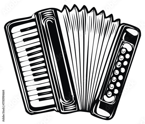 Classic black and white accordion musical instrument vector illustration with keyboard and bellows