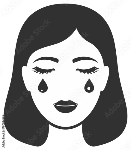 Crying woman icon with tears. Sad face with long hair. Grief and sadness concept. Minimalist black and white illustration.