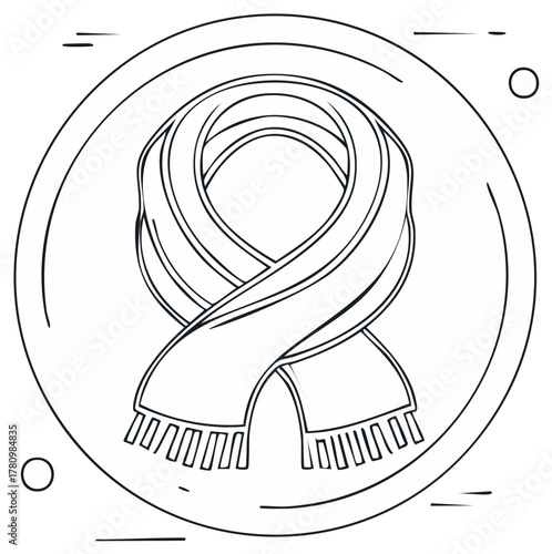 Elegant linear scarf graphic illustration inside a circle, black and white isolated.