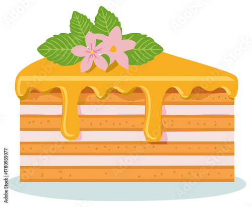 Slice of delicious layered honey cake with dripping golden glaze mint leaves and pink flowers