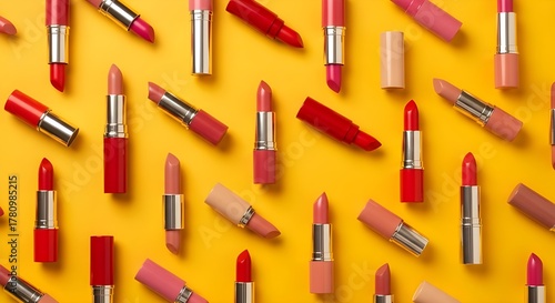 Various pink and red lipsticks scattered on a bright yellow background.