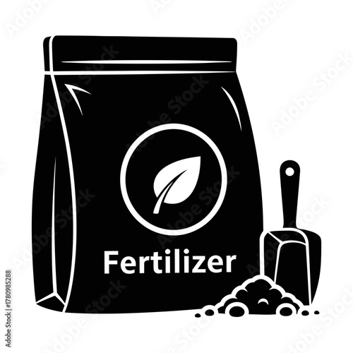 A black silhouette of a fertilizer bag with a scoop and pile of fertilizer silhouette