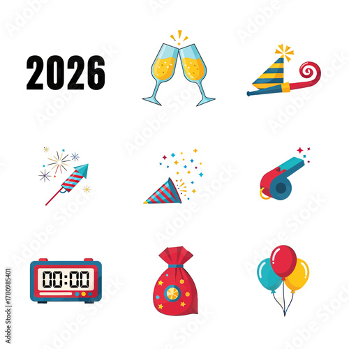 Festive 2026 celebration icons for a joyful new year commencement and joyous events