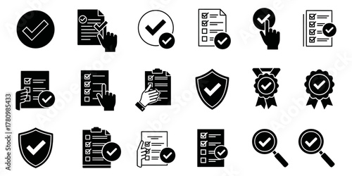 Checklist, document, approval, quality, security icon set