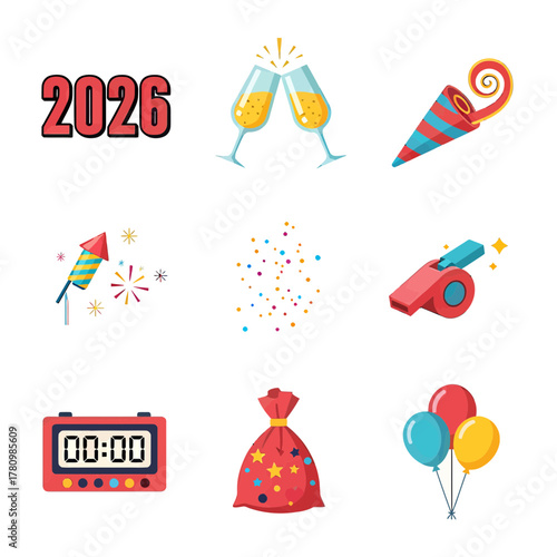 Festive 2026 Celebration Icons for New Year's Eve with Sparkling Toasting Glasses