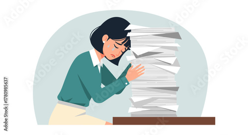 An overwhelmed Asian businesswoman experiences burnout, feeling stressed and exhausted while facing a mountain of paperwork in a modern office setting.
