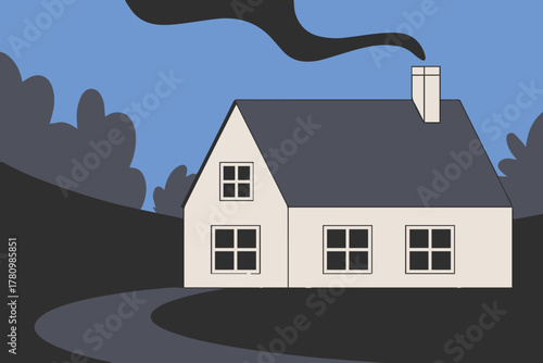 house cottage with chimney smoke pathway to modern minimal vector home illustration