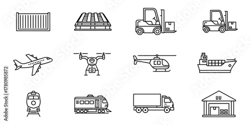 Collection of logistics and transportation icons in a clean silhouette style