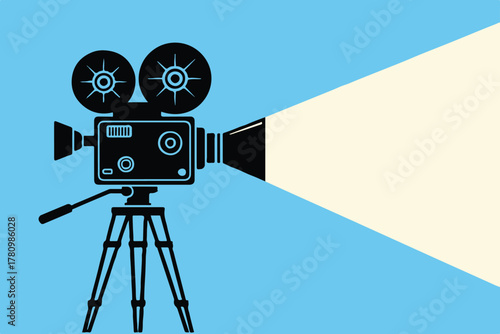 camera film camera icon on tripod projecting light for media concept