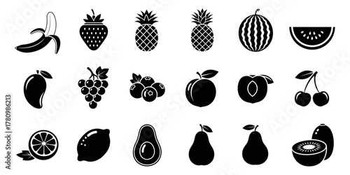 Collection of various fresh fruits depicted in a distinctive black silhouette style