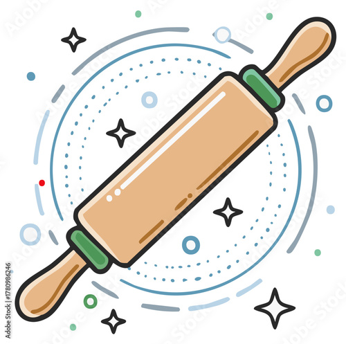 Rolling Pin surrounded by Starry, Dotted Swirls for Baking Concept, Culinary Arts Icon