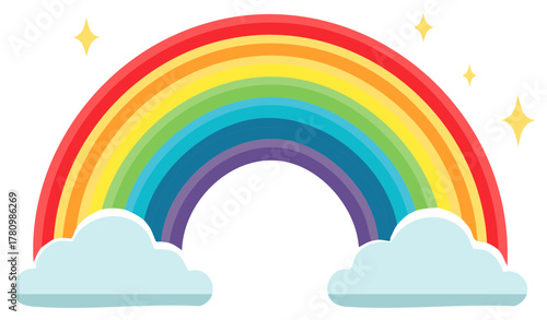 Bright Rainbow Arc with Clouds and Stars Illustration in Vibrant Colors