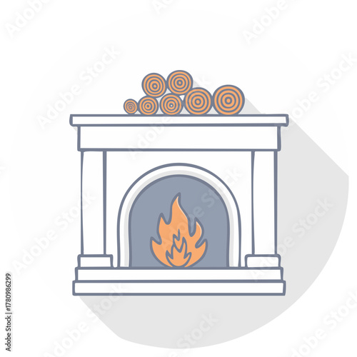 Cartoon fireplace with fire, wood logs, and flat shadow