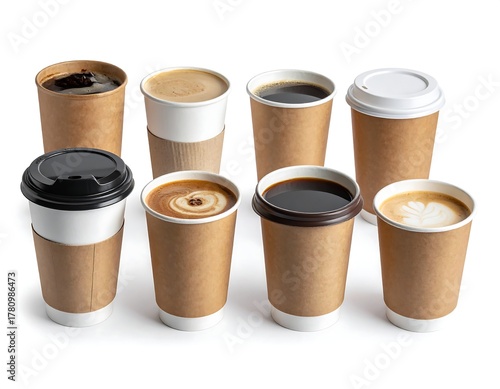 Wallpaper Mural Assortment of hot beverage-filled cups with lids and sleeves, isolated Torontodigital.ca