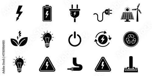 Electricity and energy icon set, power and renewable.