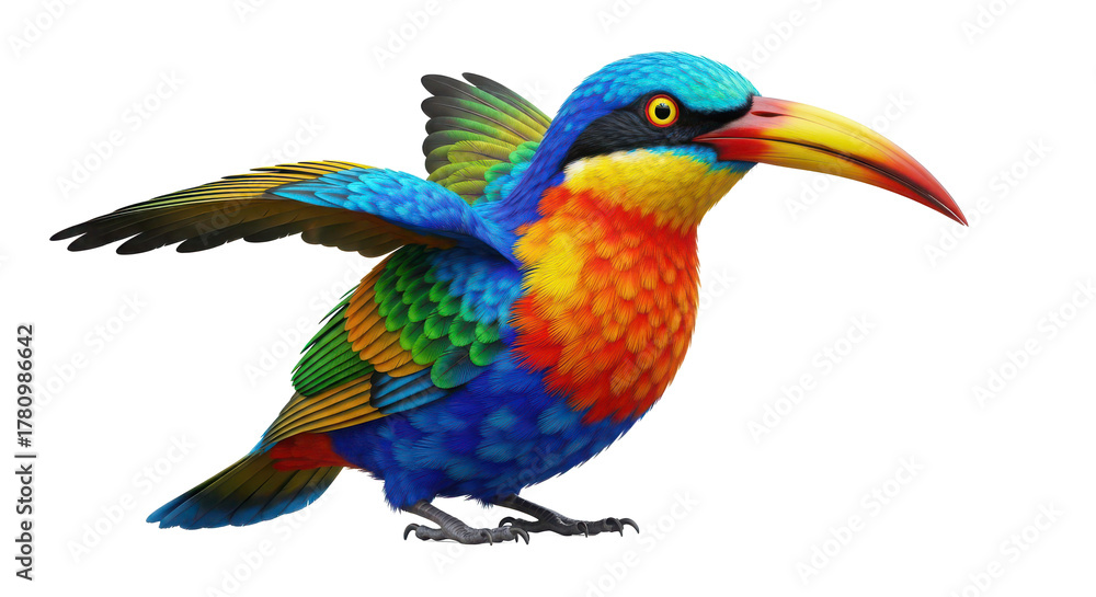 Fototapeta premium Vibrant and colorful exotic bird with bright plumage and a large beak depicted in a dynamic pose with wings spread isolated on transparent background