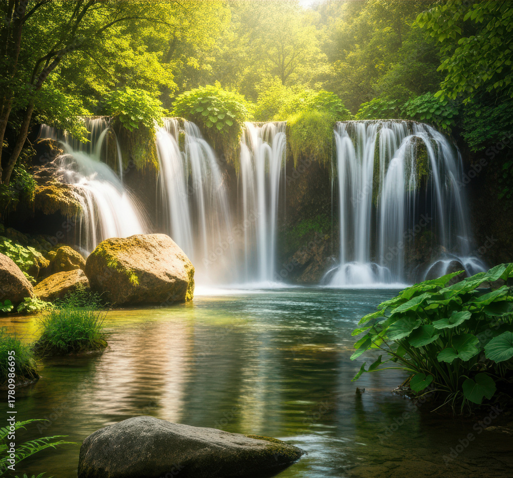 Fototapeta premium Wide View of a Multi-Stream Forest Waterfall. Sunlight Reflecting on a Serene Waterfall Pool. Textured Landscape with Large Smooth Boulders.