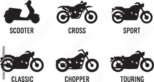 motorcycle scooter cross sport classic chopper touring icons vector set