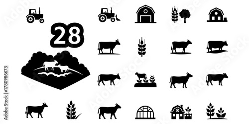 Farm and agriculture icons set with cows and tractor.