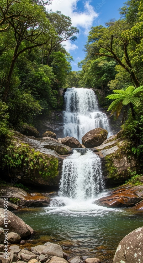 Fototapeta premium Waterfall on a Sunny Day with Blue Sky. Energetic Water Flow Over Smooth Rocks. Untouched Natural Beauty of a Forest Waterfall.