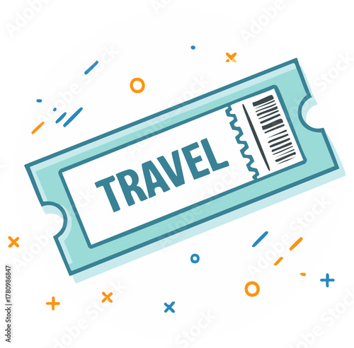 Voucher Illustration with Travel Text, Barcode, Ticket Stub. Colorful Graphics for Tour Agency and Adventure