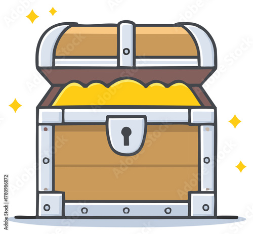 Cute cartoon treasure chest open and full of sparkling gold vector illustration icon