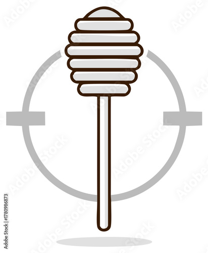 Simple honey dipper illustration with half-circle gray frame, light gray and brown lines