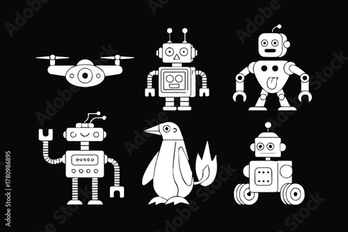 robot drone humanoid bird toy wheeled quadcopter vector illustration
