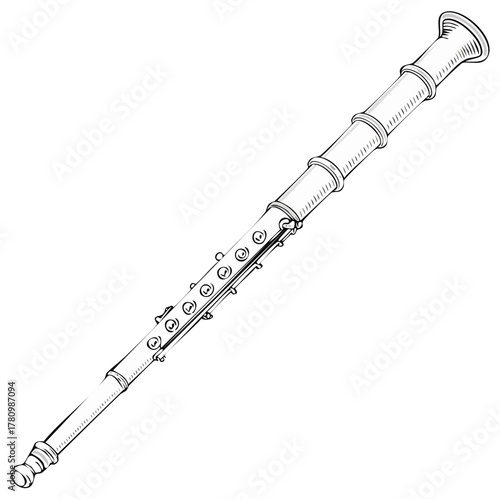 Clarinet Musical Instrument Sketch, Outline Drawing of a Wind Instrument, Concert Band Instrument Illustration