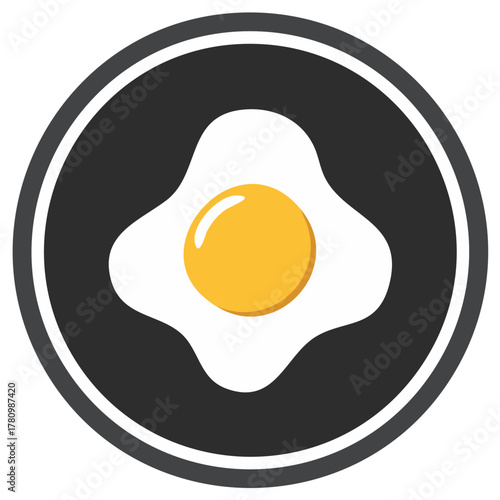Fried egg on black round element, breakfast, protein food and nutrition symbol