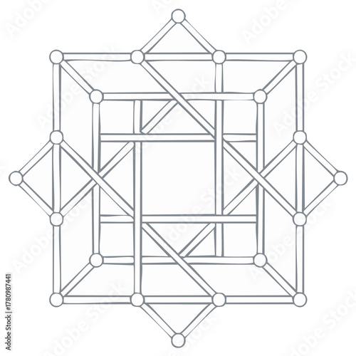 Geometric structure composed of interconnected lines and circles, abstract design