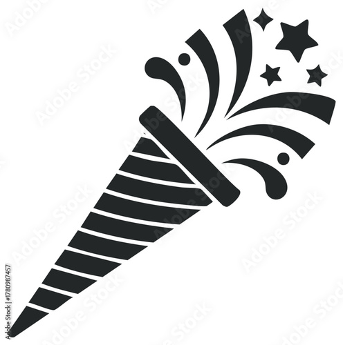 Celebration party popper icon illustration in black and white, festive design concept.