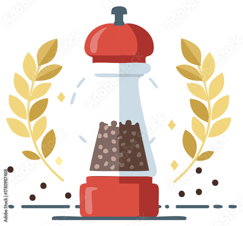 Red pepper mill with whole black peppercorns and golden laurel wreaths for cooking food seasoning illustration