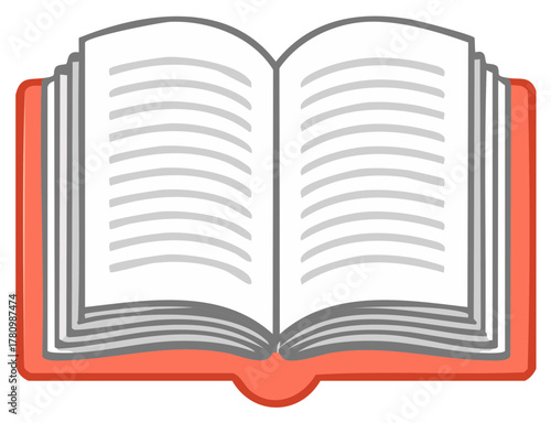 Open Book Illustration with Text Lines, Red Cover and White Pages, Textbook Graphic