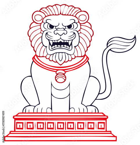 Guardian Lion Statue Outline with Red Accents Guarding the Entrance