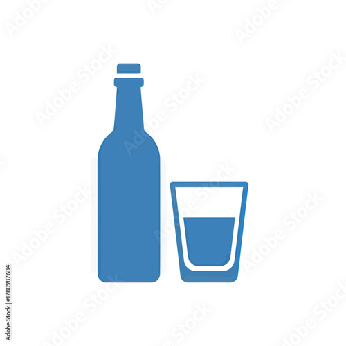 Simple graphical representation of an alcoholic bottle accompanied by a glass full of liquid