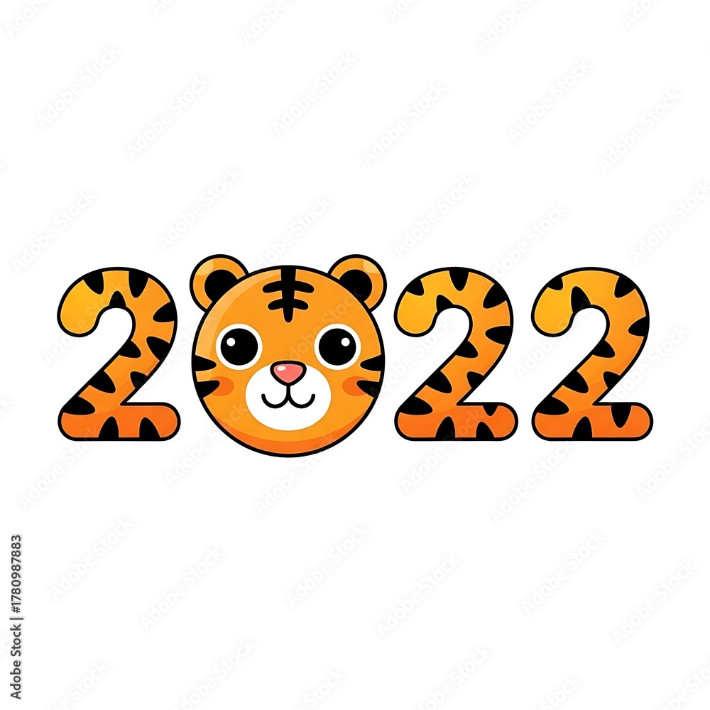 Obraz premium Cute tiger face replaces zero in 2022 year of the tiger graphic isolated on white background