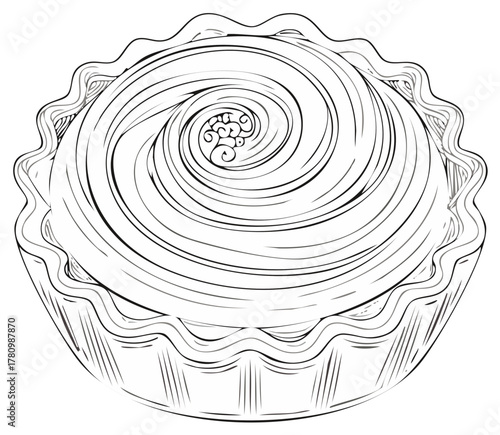 Outline drawing of a sweet dessert pie with a decorative swirled top and ruffled crust