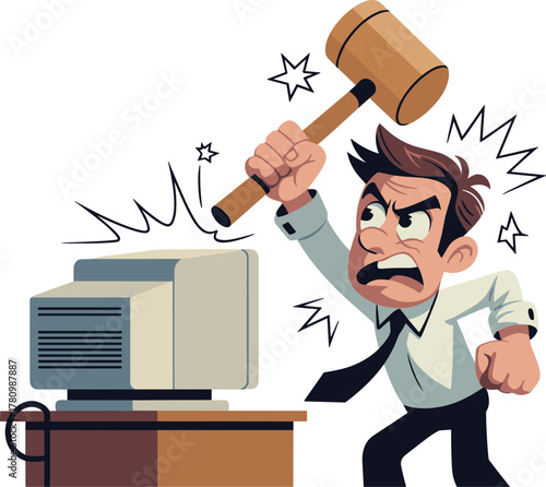 Angry Businessman Hitting Computer Monitor with Mallet for Tech Frustration Vector