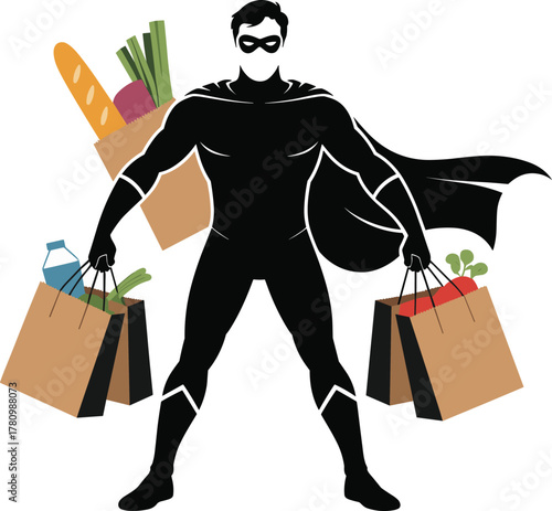 Superhero Holding Grocery Shopping Bags for Delivery Service Vector