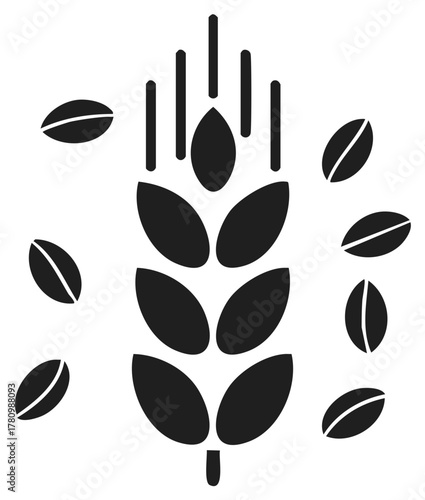 Minimalist black silhouette icon of wheat ear with scattered falling grains for agriculture