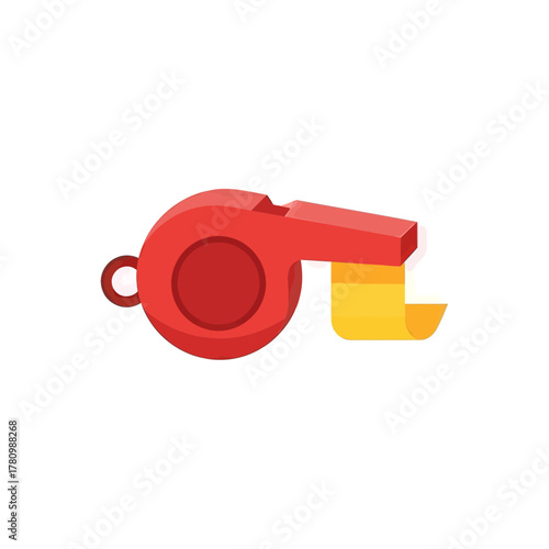 Vivid depiction of a red whistle with yellow accent on a pristine white background