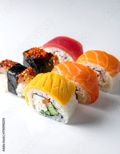 Wallpaper Mural Assortment of Japanese sushi rolls, tightly arranged on a white surface Torontodigital.ca