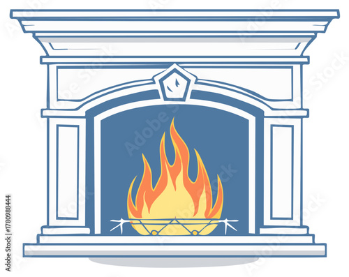Illustration of a detailed fireplace with burning flames inside the structure.