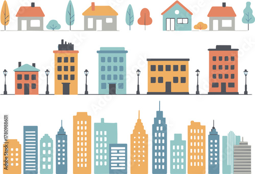 city skyline urban buildings suburban houses apartment highrise vector