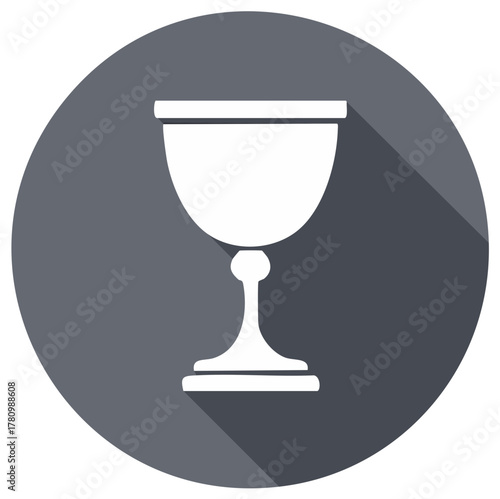 White chalice icon with long shadow effect on a grey circular background