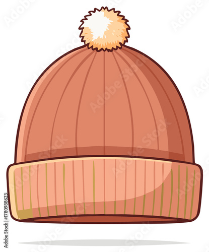 Pink Knitted Winter Beanie with Pom Pom Vector Illustration Isolated on White